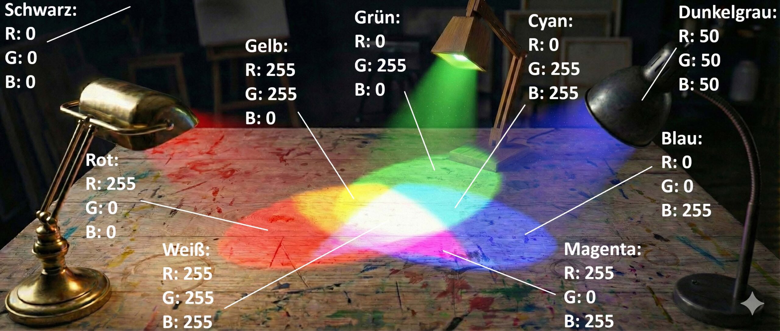 RGB-Farbmodell mit Lichtquellen und Intensitätswerten